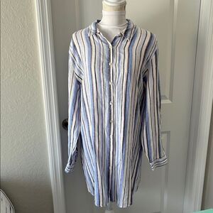 Artisan NY Linen Striped Blue & White Loose Fit Button Down / Mini Dress SZ 1X